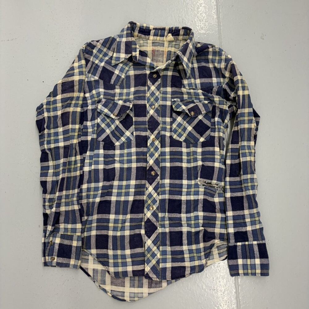 Vintage 60s Blue Plaid Cotton Western Pearl Snap Flannel